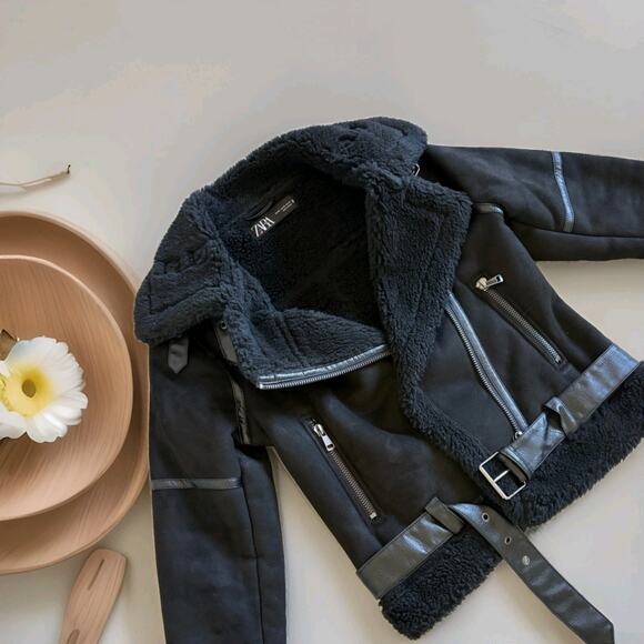 Zara Biker Moto Double Faced Jacket Faux Leather Shearling Black NOWT - Picture 8 of 8